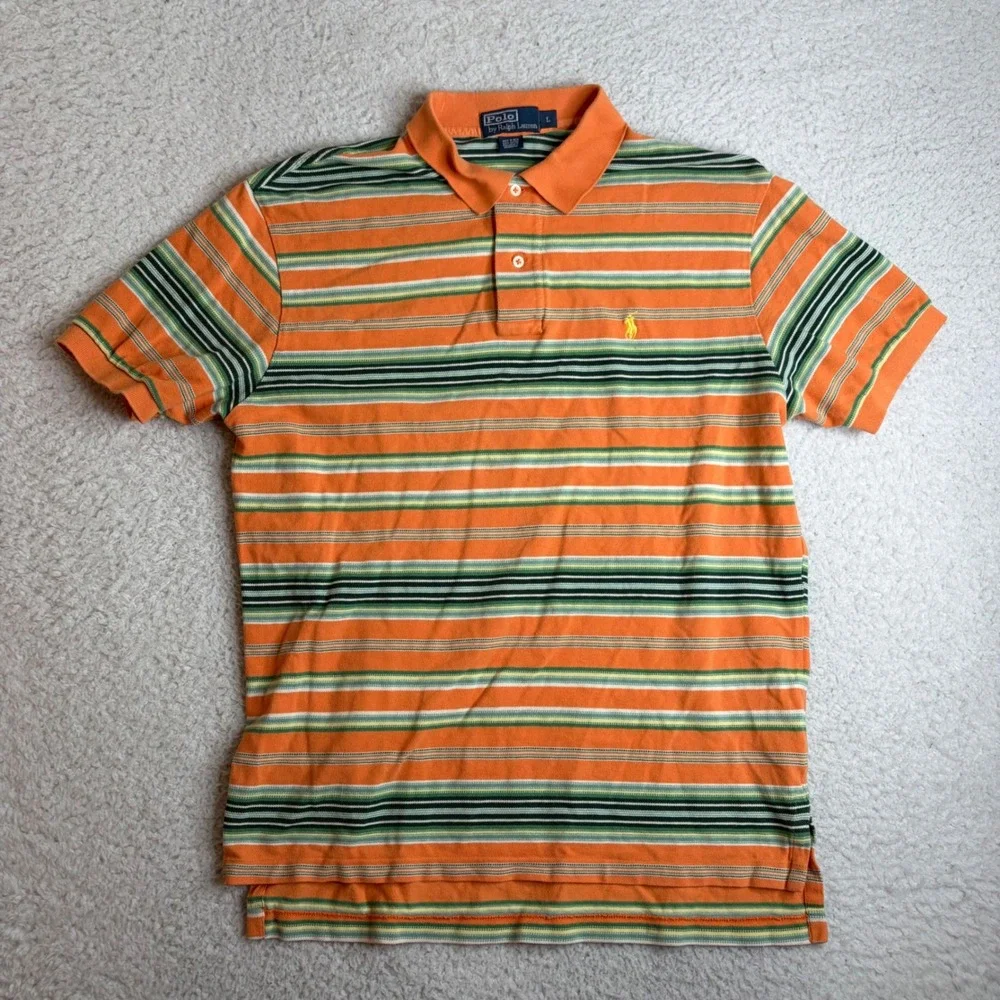 Polo Ralph Lauren Mens Large Orange Green Striped Short Sleeve Pique Polo Shirt